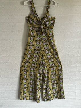 DO+BE Yellow Patterned Tie-Front Wide-Leg Jumpsuit Boho Festival SZ S